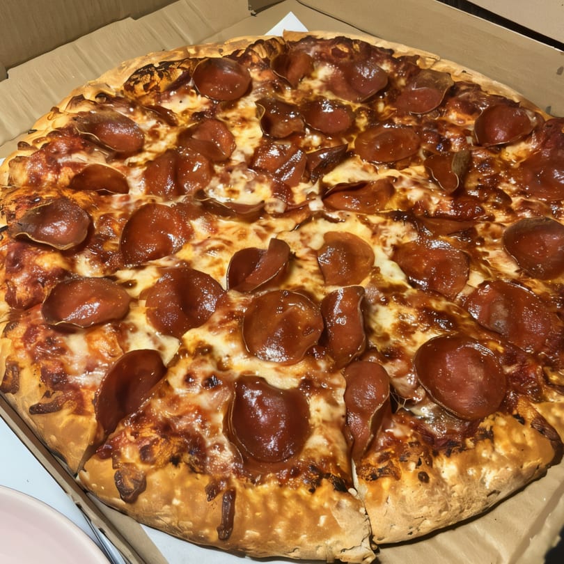 A large, hot pepperoni pizza from New York Pizza, with melted cheese and crispy crust, in a cardboard box.