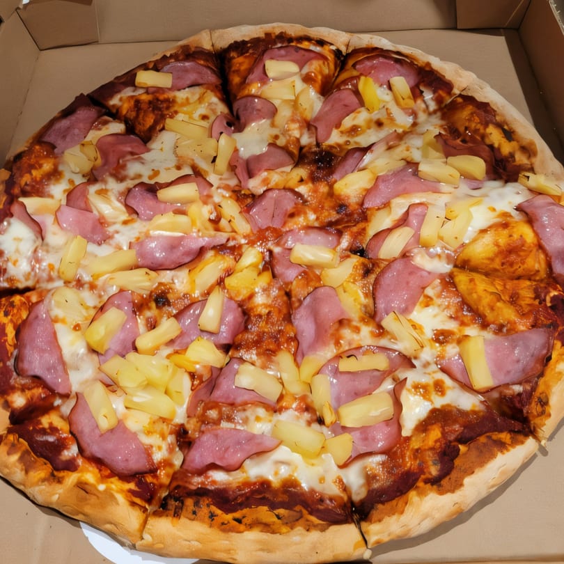 New York Pizza's Hawaiian pizza, topped with ham and pineapple, in a cardboard box.